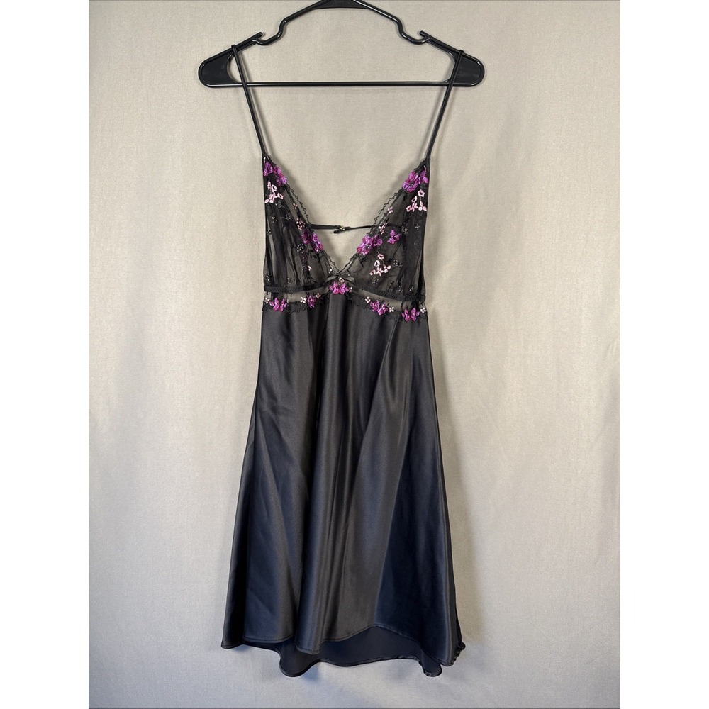 Victoria's Secret Slip Chemise Womens L Black Floral Embroidered Sexy Sheer Top